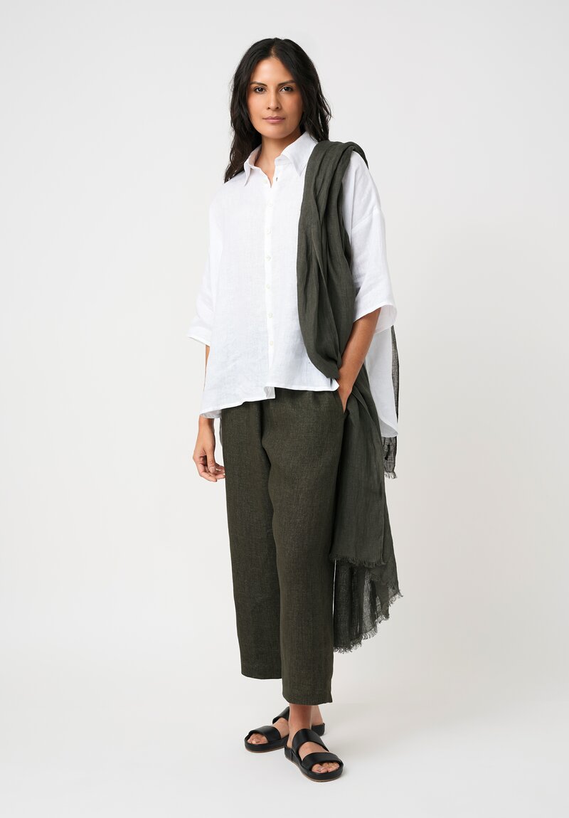 Eskandar Fine Linen Raw Edge Scarf Dark Olive