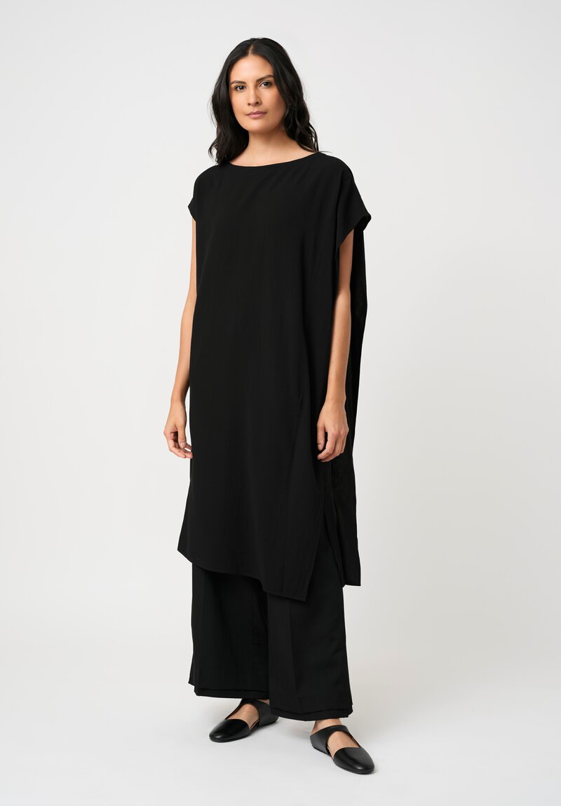 Yohji Yamamoto Washed Finish Asymmetric Cap Sleeve Tunic in Black