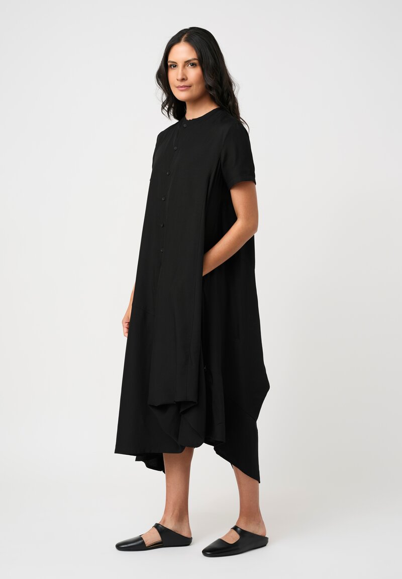 Yohji Yamamoto Satin Half-Placket Paneled Short-Sleeve Dress in Black
