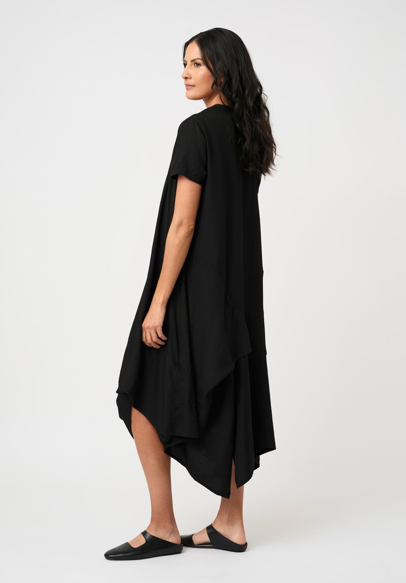 Yohji Yamamoto Satin Half-Placket Paneled Short-Sleeve Dress in Black