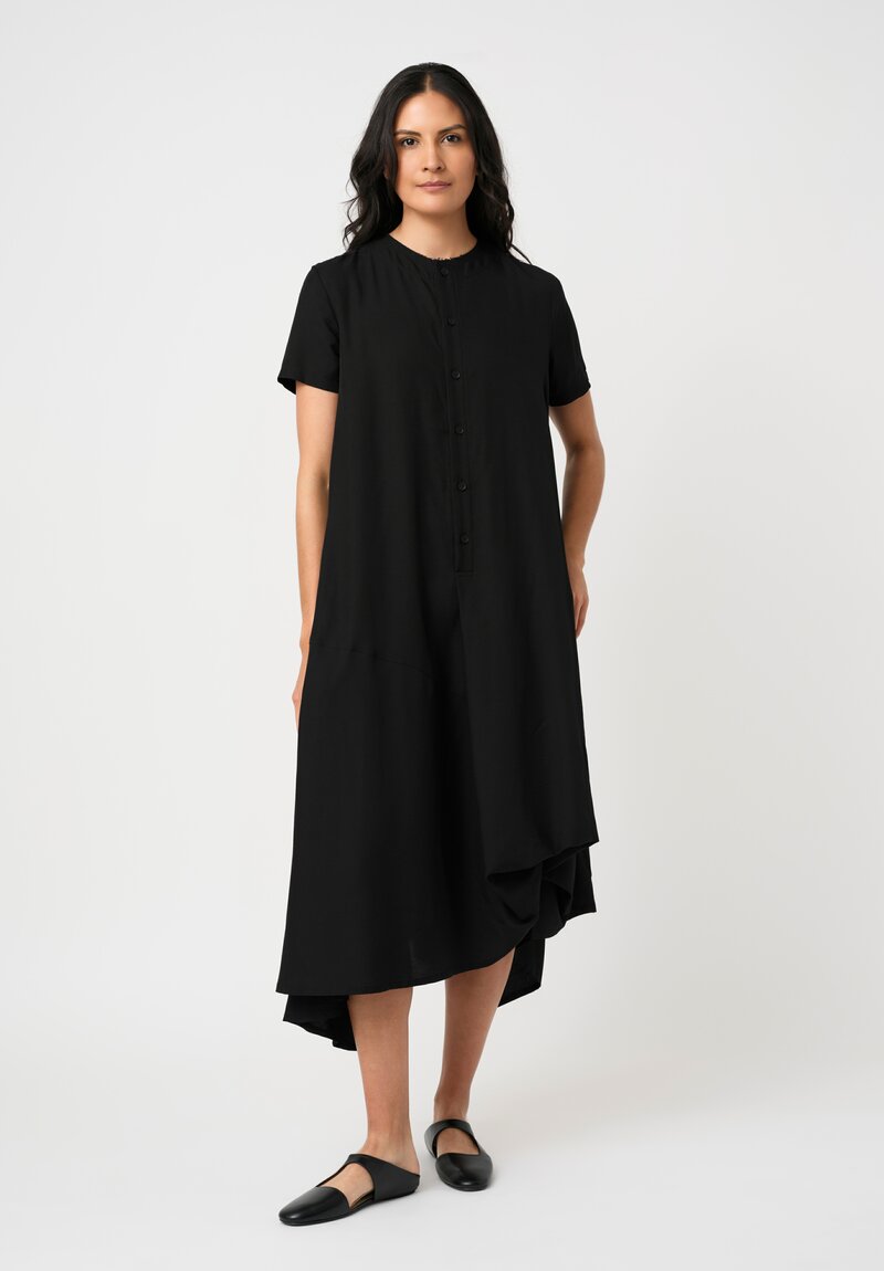 Yohji Yamamoto Satin Half-Placket Paneled Short-Sleeve Dress in Black