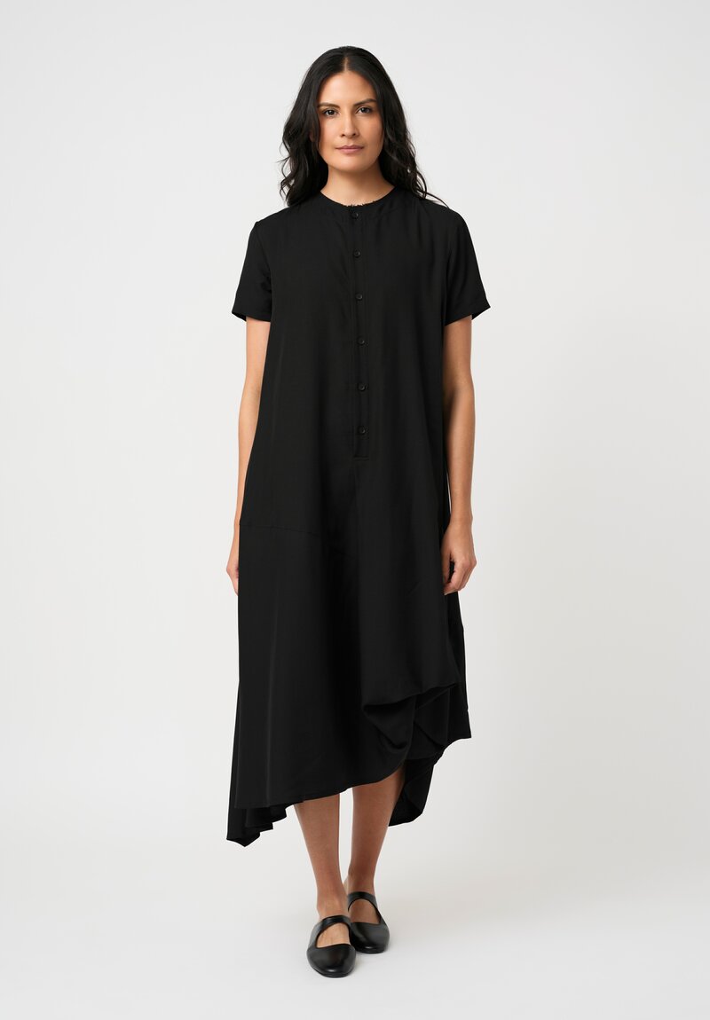Yohji Yamamoto Satin Half-Placket Paneled Short-Sleeve Dress in Black
