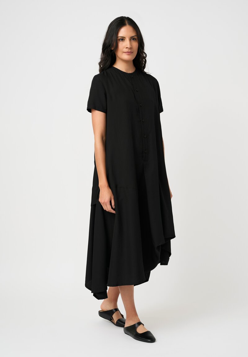 Yohji Yamamoto Satin Half-Placket Paneled Short-Sleeve Dress in Black