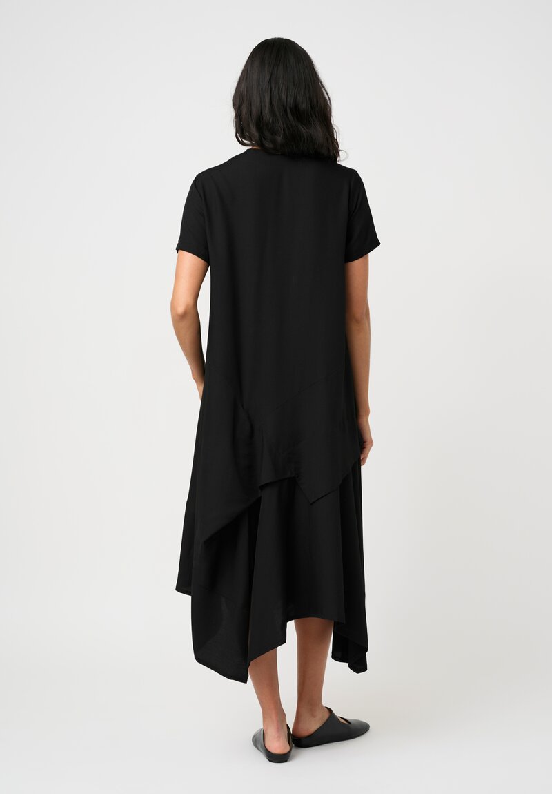 Yohji Yamamoto Satin Half-Placket Paneled Short-Sleeve Dress in Black