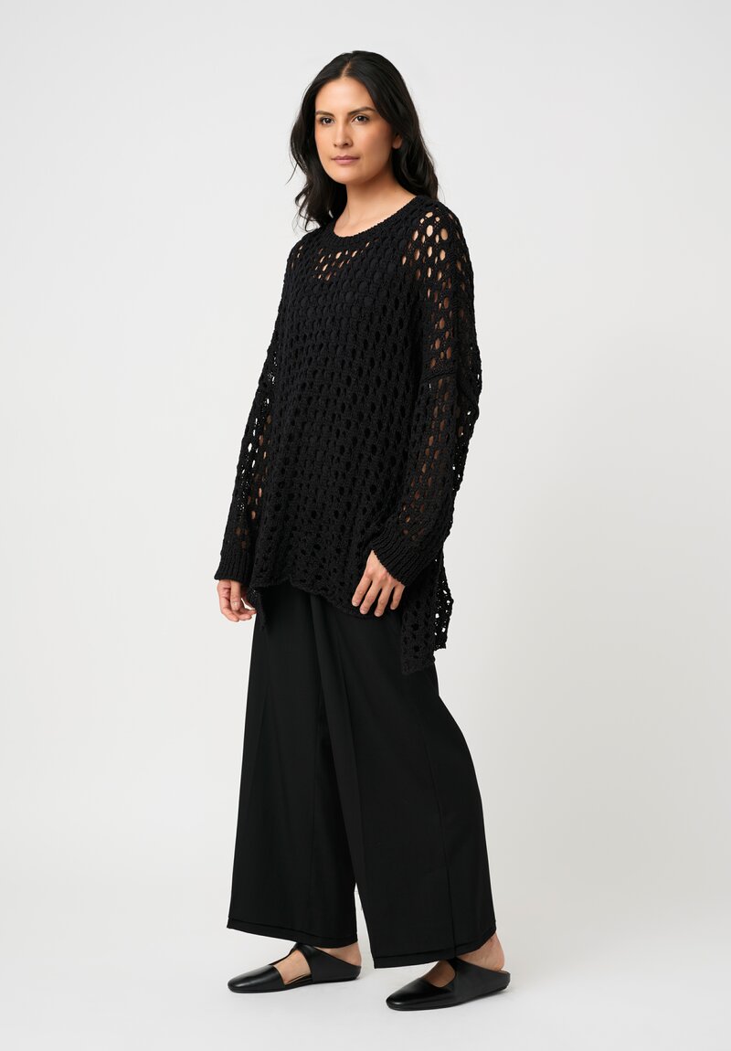 Yohji Yamamoto Cotton Open Knit Asymmetric Pullover in Black