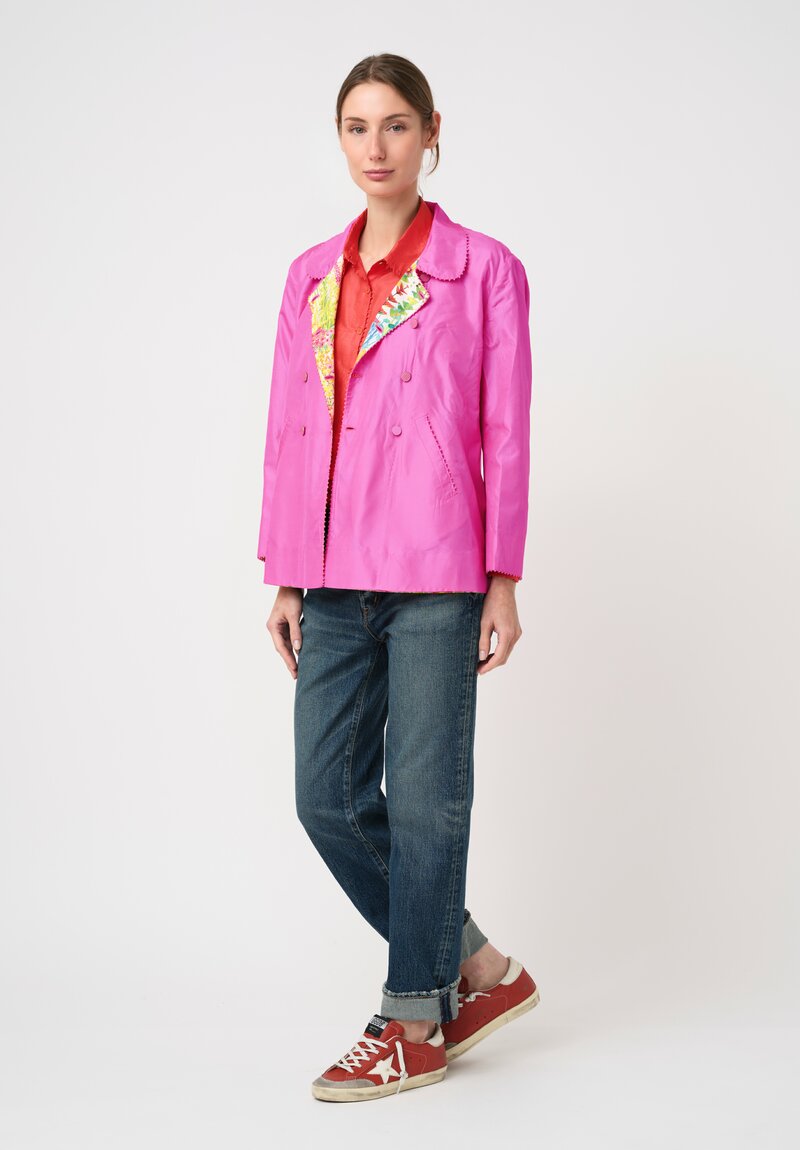Péro Silk Reversible Double Breasted A-Line Jacket in Magenta Pink & Yellow Floral