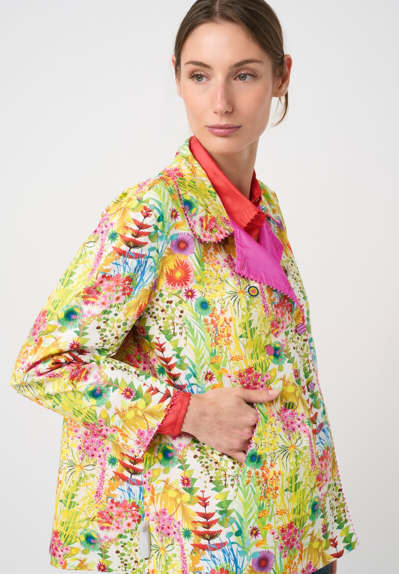 Péro Silk Reversible Double Breasted A-Line Jacket in Magenta Pink & Yellow Floral