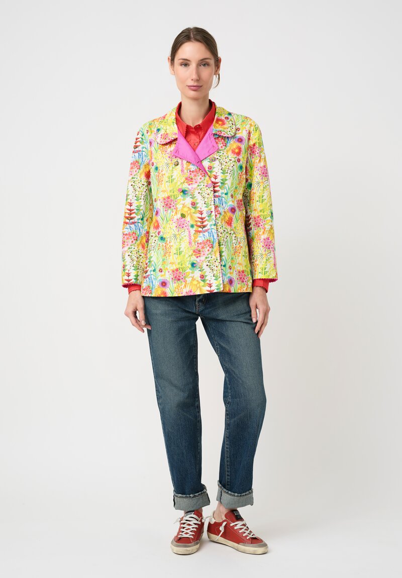 Péro Silk Reversible Double Breasted A-Line Jacket in Magenta Pink & Yellow Floral