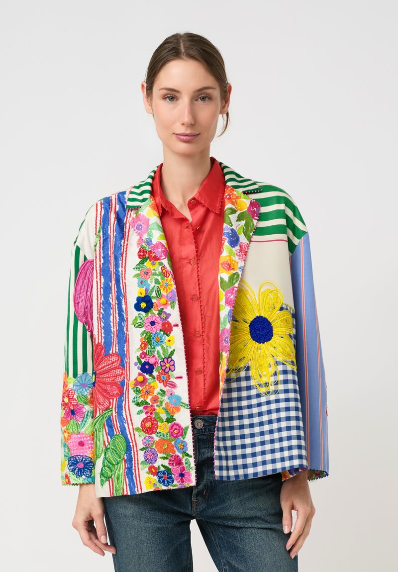 Péro Cotton & Silk SS26 Illustrative Pattern Medley Hand-Embroidered Jacket in Off-White, Green, Blue & Red