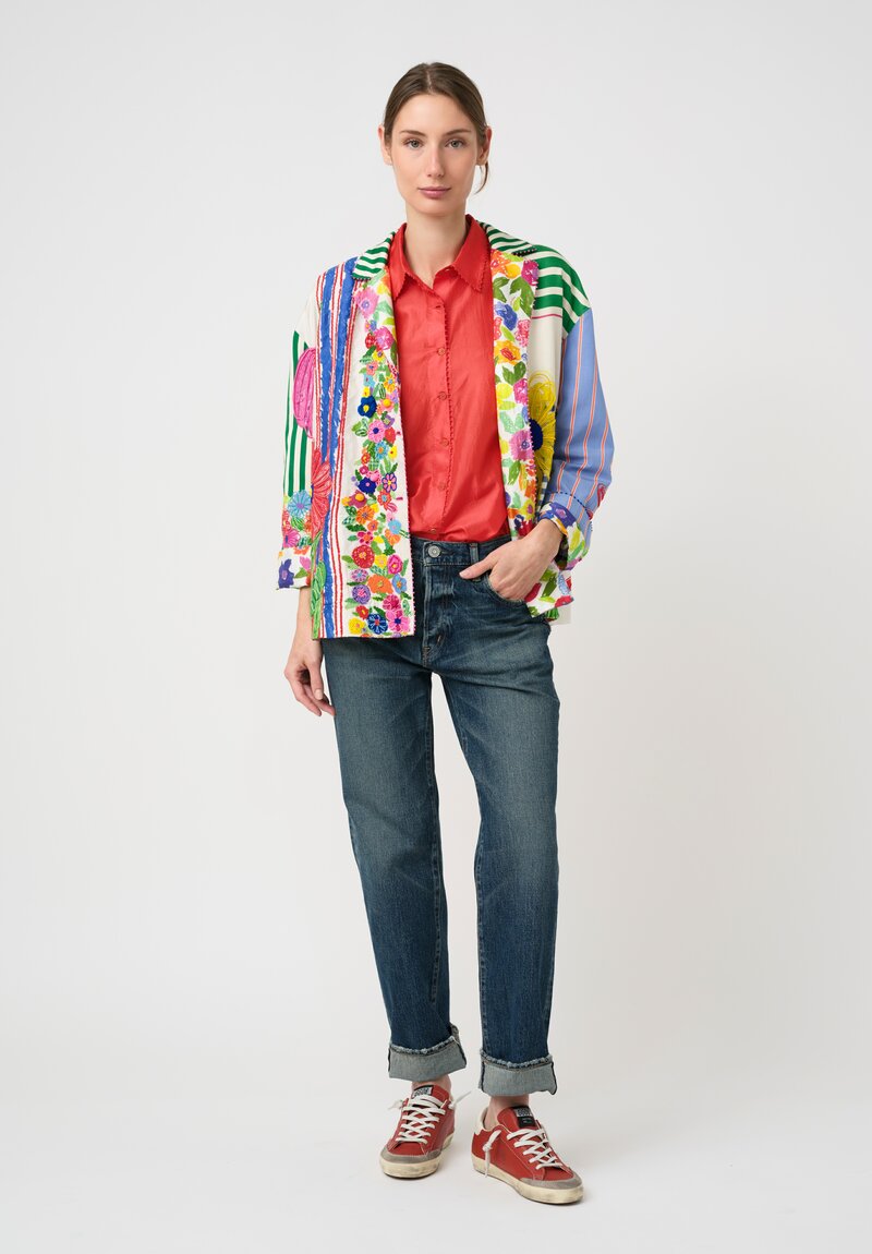 Péro Cotton & Silk SS26 Illustrative Pattern Medley Hand-Embroidered Jacket in Off-White, Green, Blue & Red