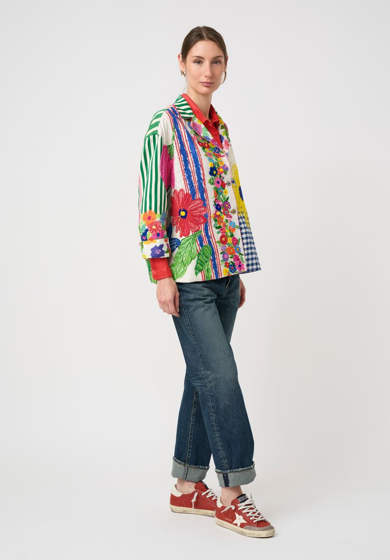 Péro Cotton & Silk SS26 Illustrative Pattern Medley Hand-Embroidered Jacket in Off-White, Green, Blue & Red