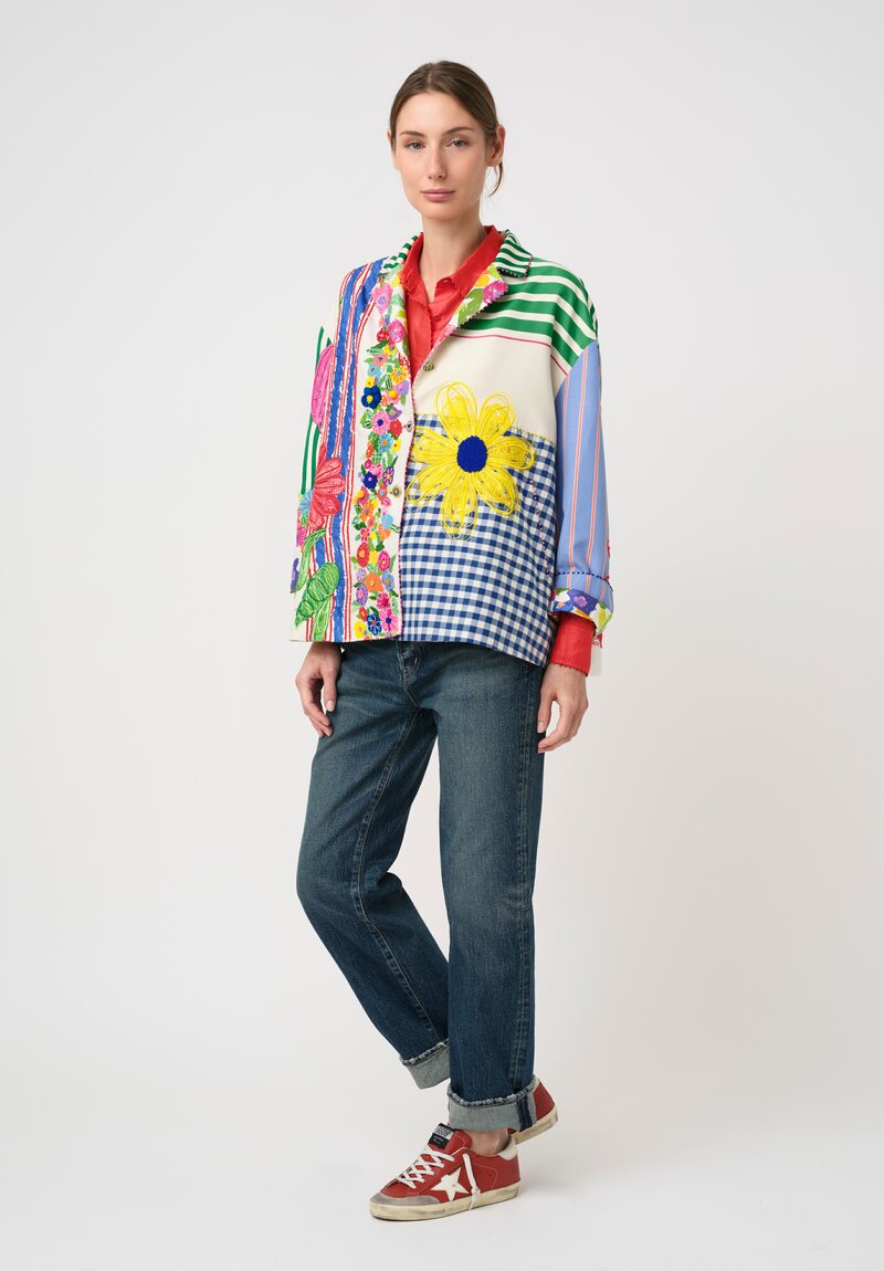 Péro Cotton & Silk SS26 Illustrative Pattern Medley Hand-Embroidered Jacket in Off-White, Green, Blue & Red