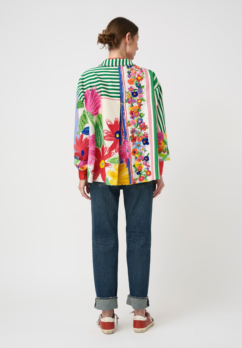 Péro Cotton & Silk SS26 Illustrative Pattern Medley Hand-Embroidered Jacket in Off-White, Green, Blue & Red