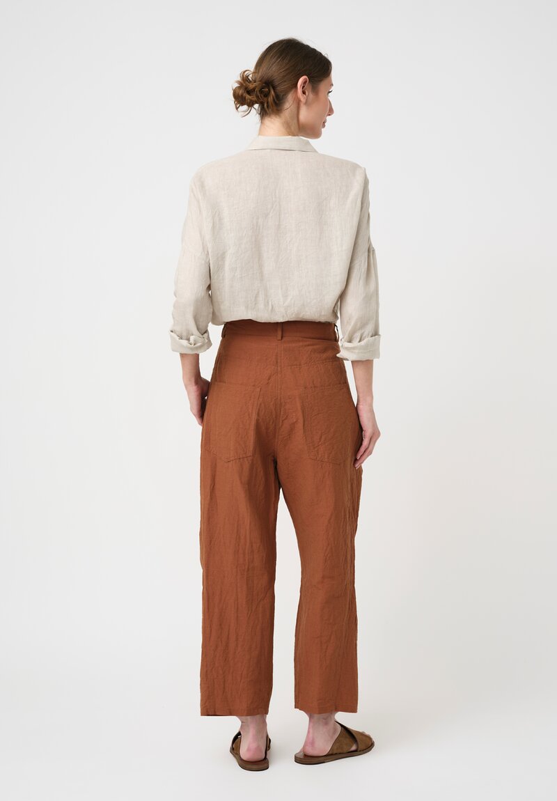 Forme d'Expression Washed Linen & Cotton Skewed 5 Pocket Pants in Toffee Brown