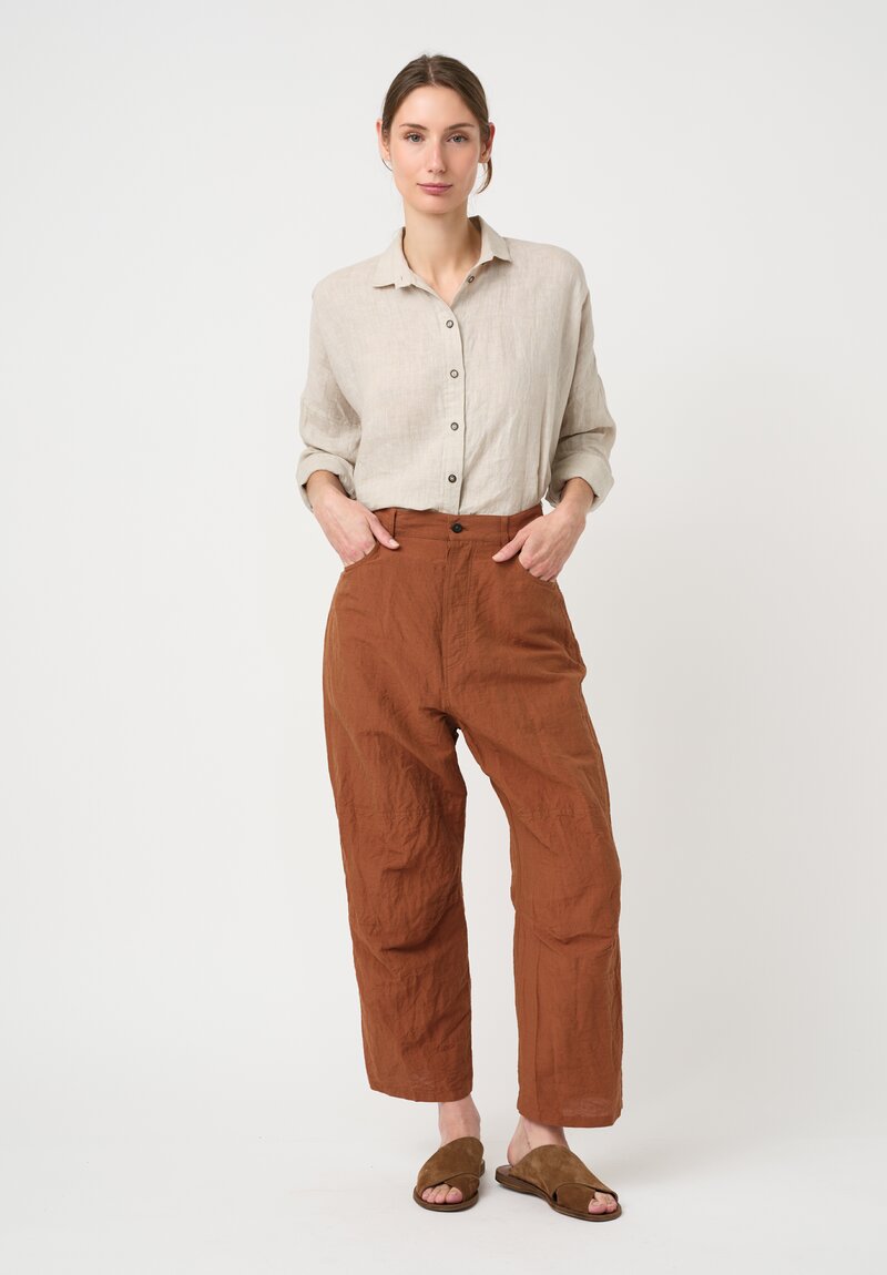 Forme d'Expression Washed Linen & Cotton Skewed 5 Pocket Pants in Toffee Brown
