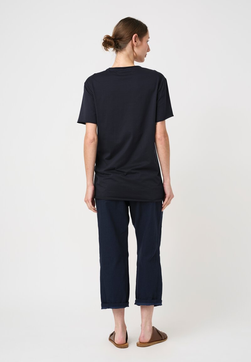 Forme d'Expression Cotton Rolled Edge V-Neck ZZ T-Shirt in Navy Blue