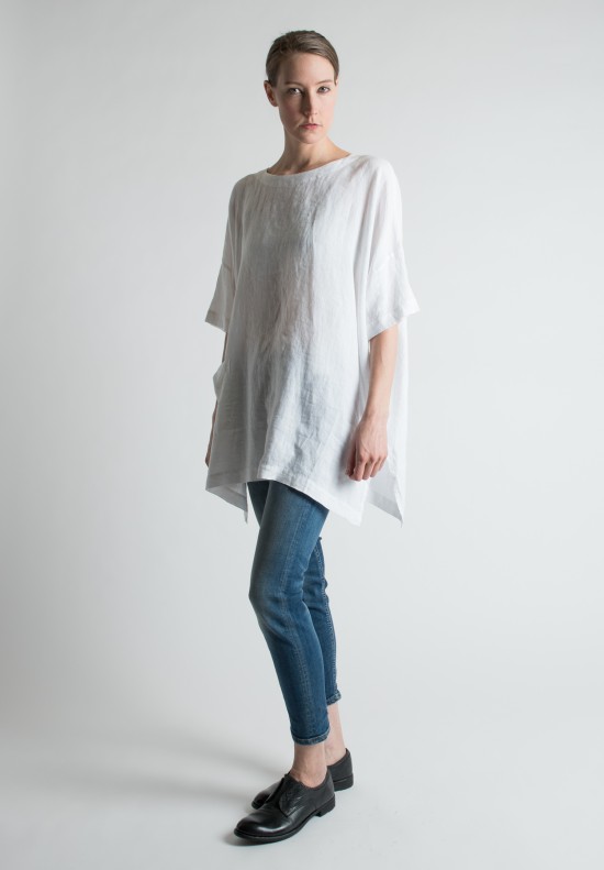 Eskandar Long Handkerchief Linen Top in White	