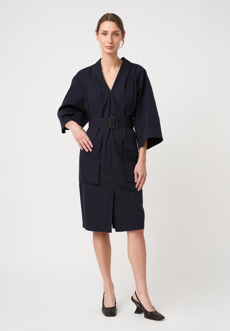 Dries Van Noten Cotton Belted Debrasa Dress in Navy Blue