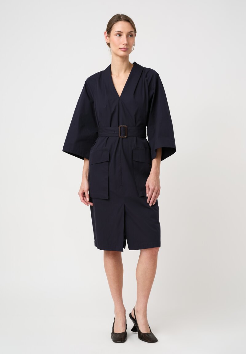 Dries Van Noten Cotton Belted Debrasa Dress in Navy Blue