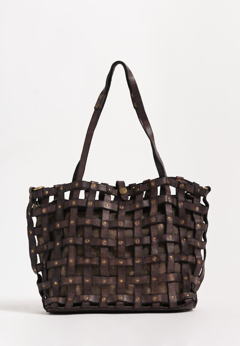 Campomaggi Medium Metallic Laminated Cotton & Studded Leather Cage Valeria Tote Espresso Brown & Bronze