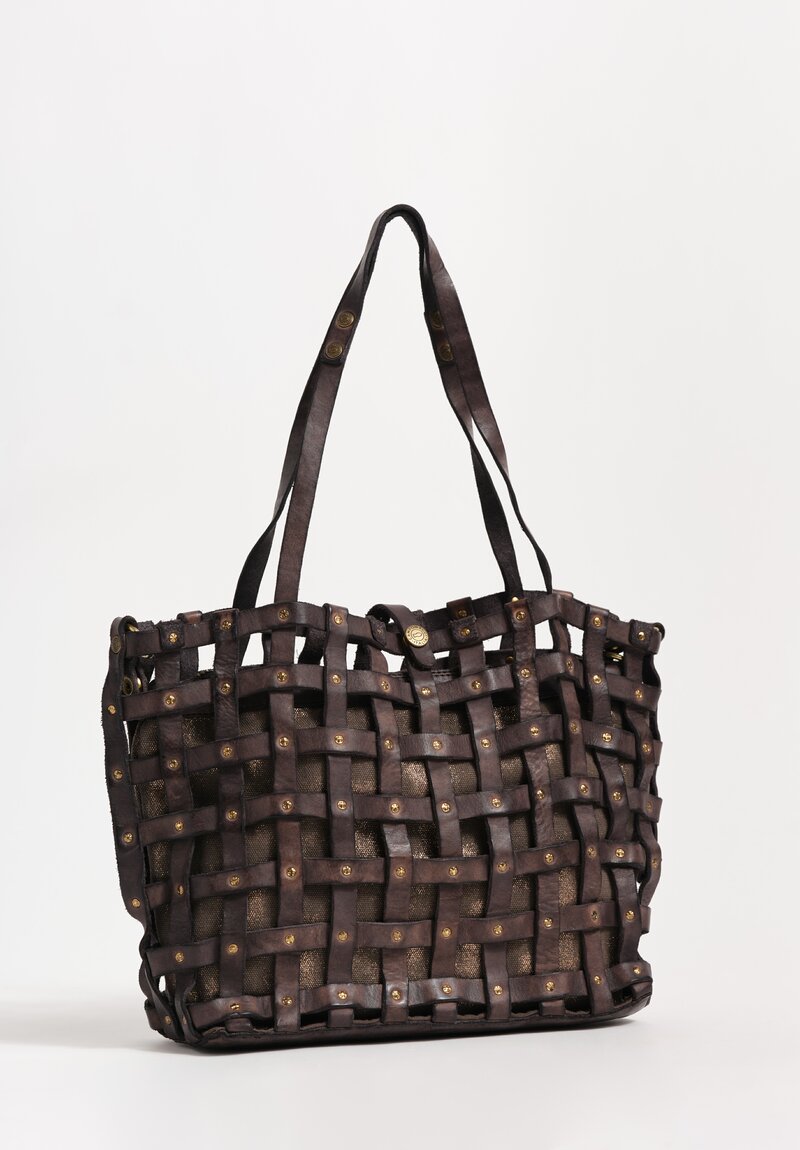 Campomaggi Medium Metallic Laminated Cotton & Studded Leather Cage Valeria Tote Espresso Brown & Bronze