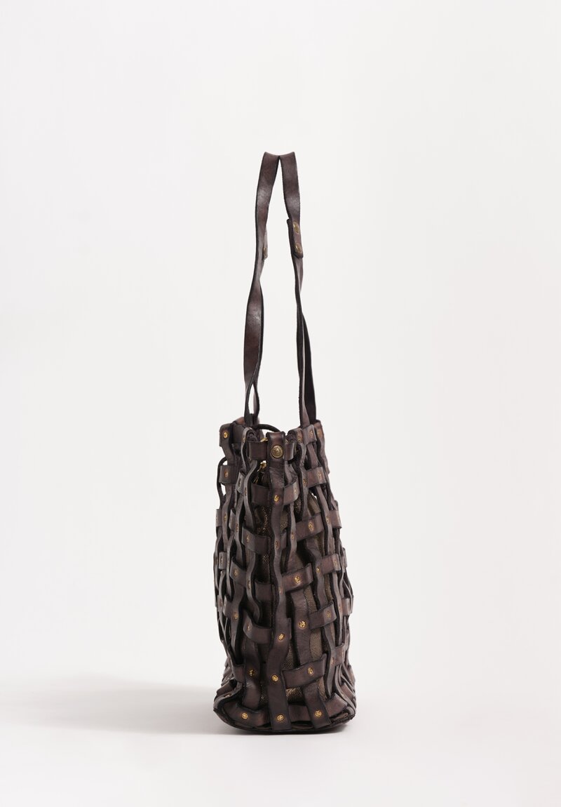 Campomaggi Medium Metallic Laminated Cotton & Studded Leather Cage Valeria Tote Espresso Brown & Bronze