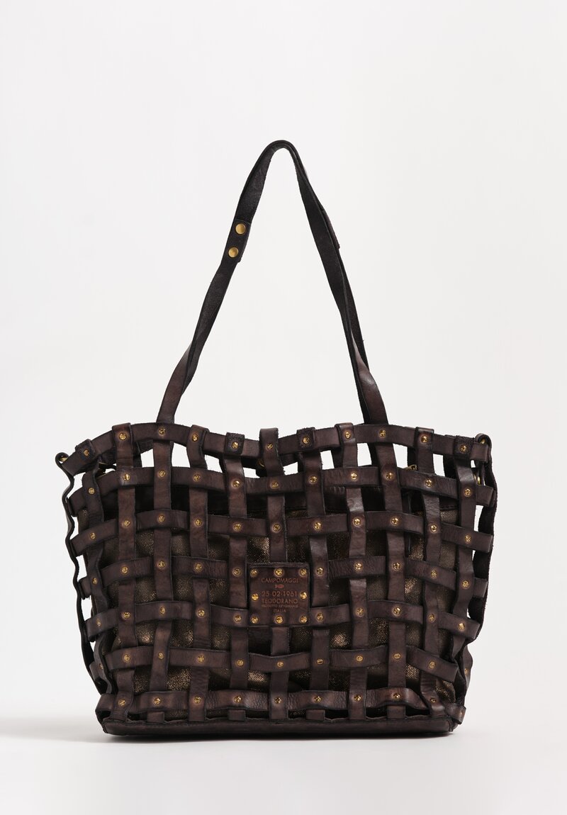 Campomaggi Medium Metallic Laminated Cotton & Studded Leather Cage Valeria Tote Espresso Brown & Bronze