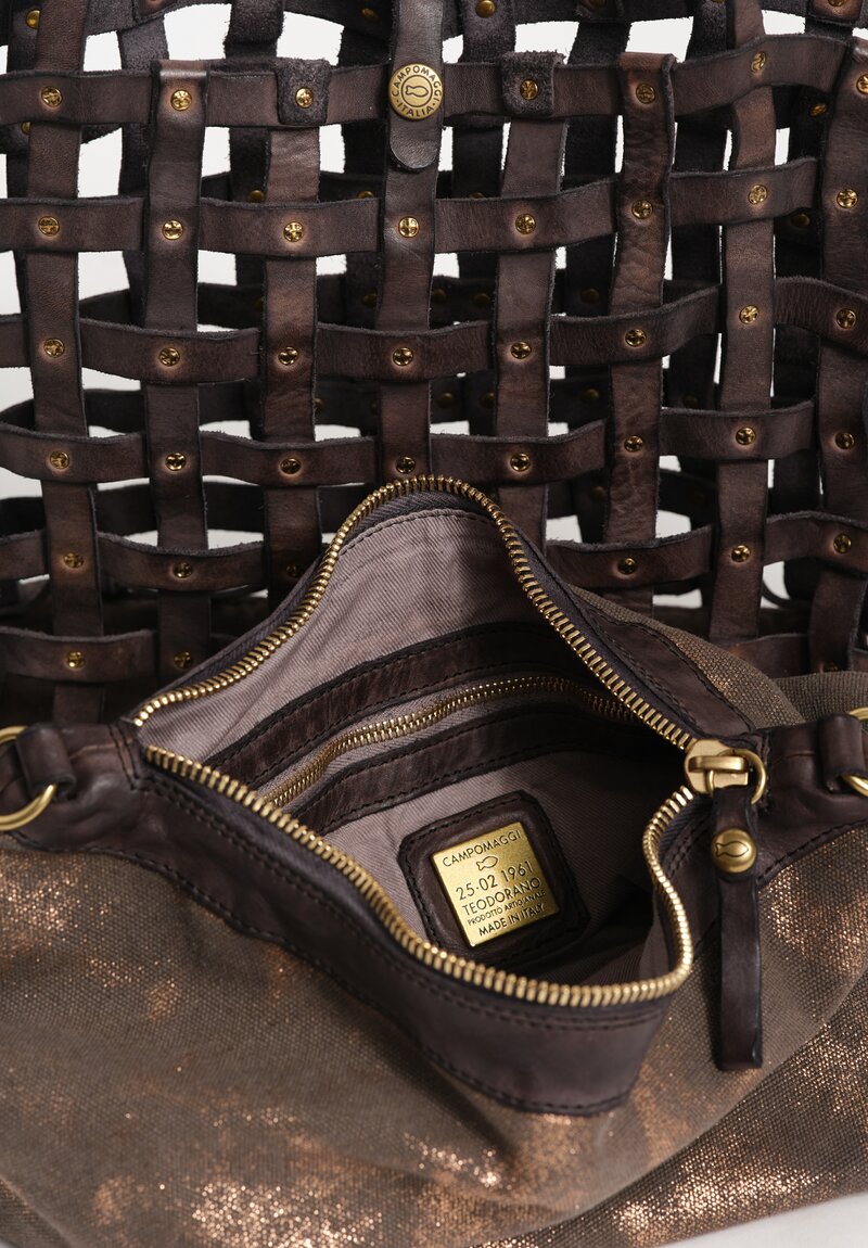 Campomaggi Medium Metallic Laminated Cotton & Studded Leather Cage Valeria Tote Espresso Brown & Bronze