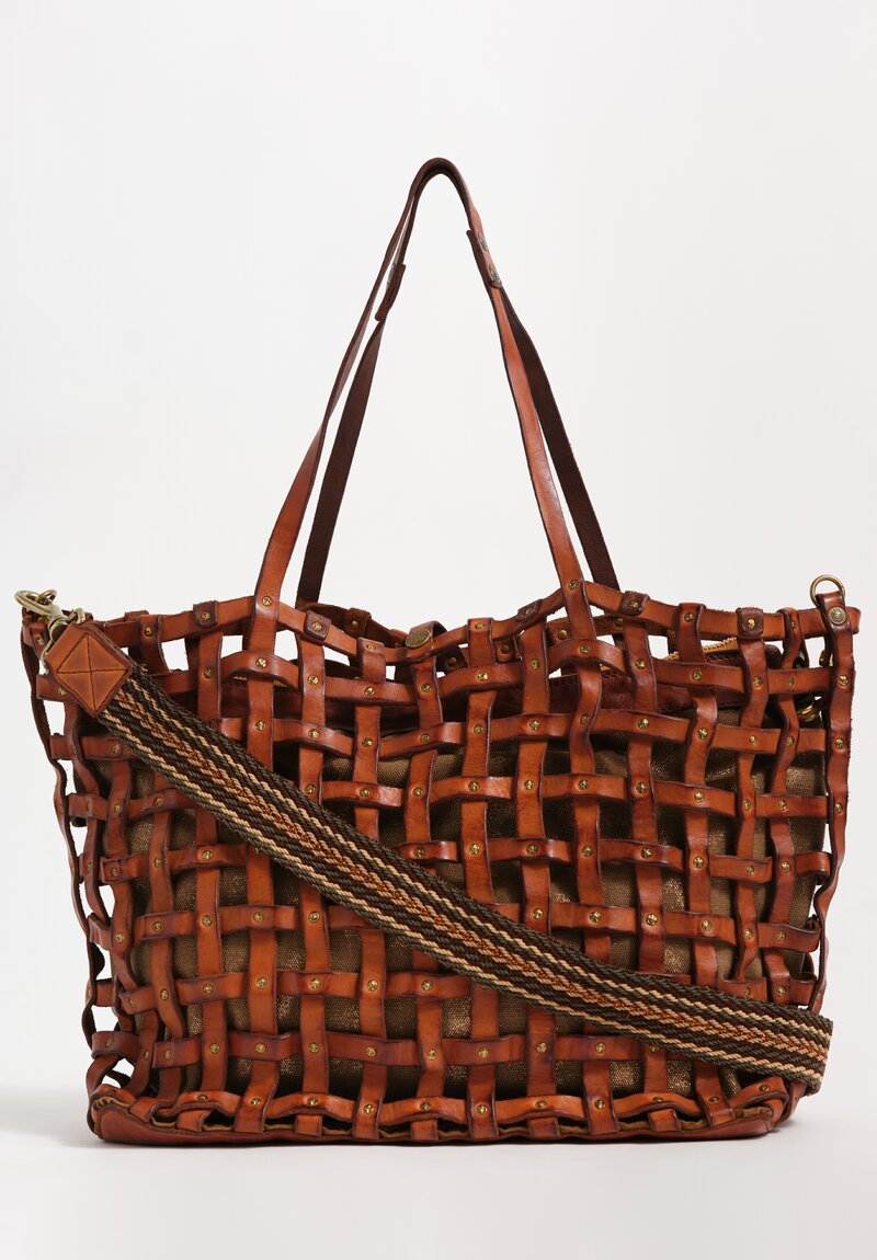 Campomaggi Laminated Cotton & Leather Valerie Shopping Bag Cognac Brown