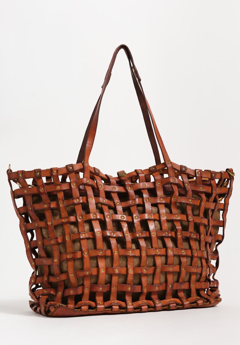Campomaggi Laminated Cotton & Leather Valerie Shopping Bag Cognac Brown