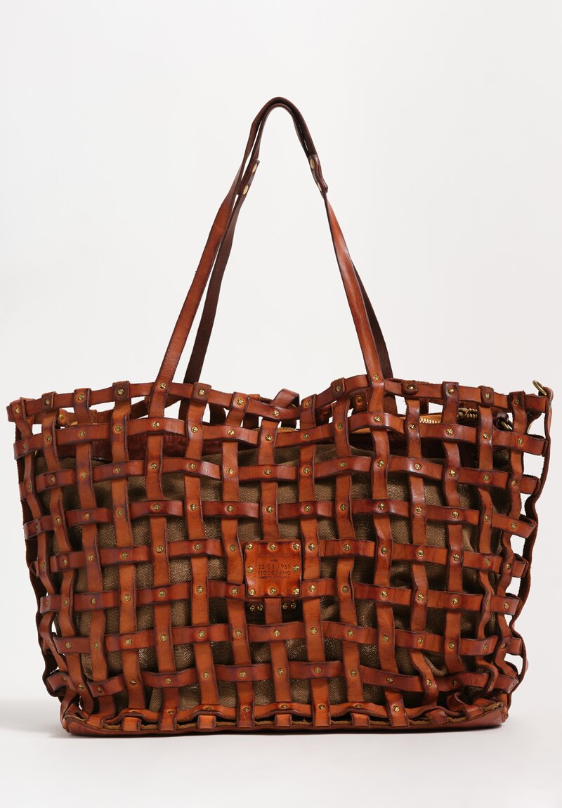 Campomaggi Laminated Cotton & Leather Valerie Shopping Bag Cognac Brown