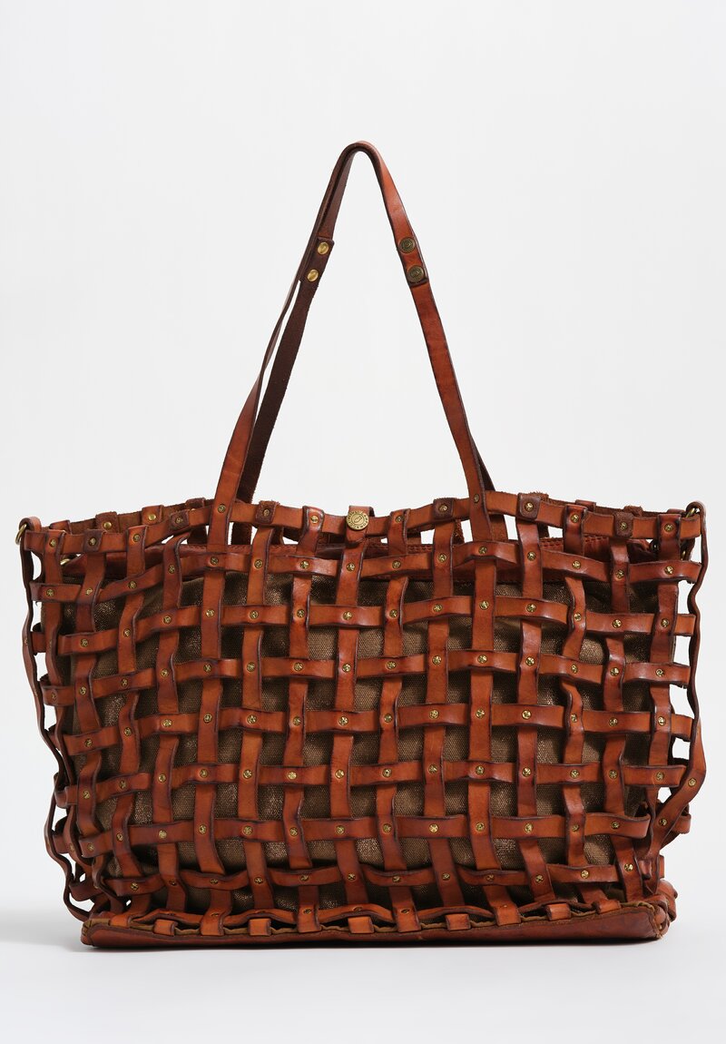 Campomaggi Laminated Cotton & Leather Valerie Shopping Bag Cognac Brown
