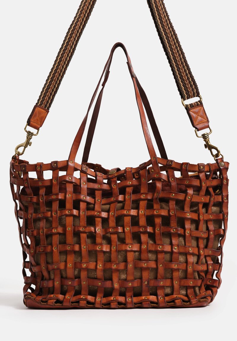 Campomaggi Laminated Cotton & Leather Valerie Shopping Bag Cognac Brown