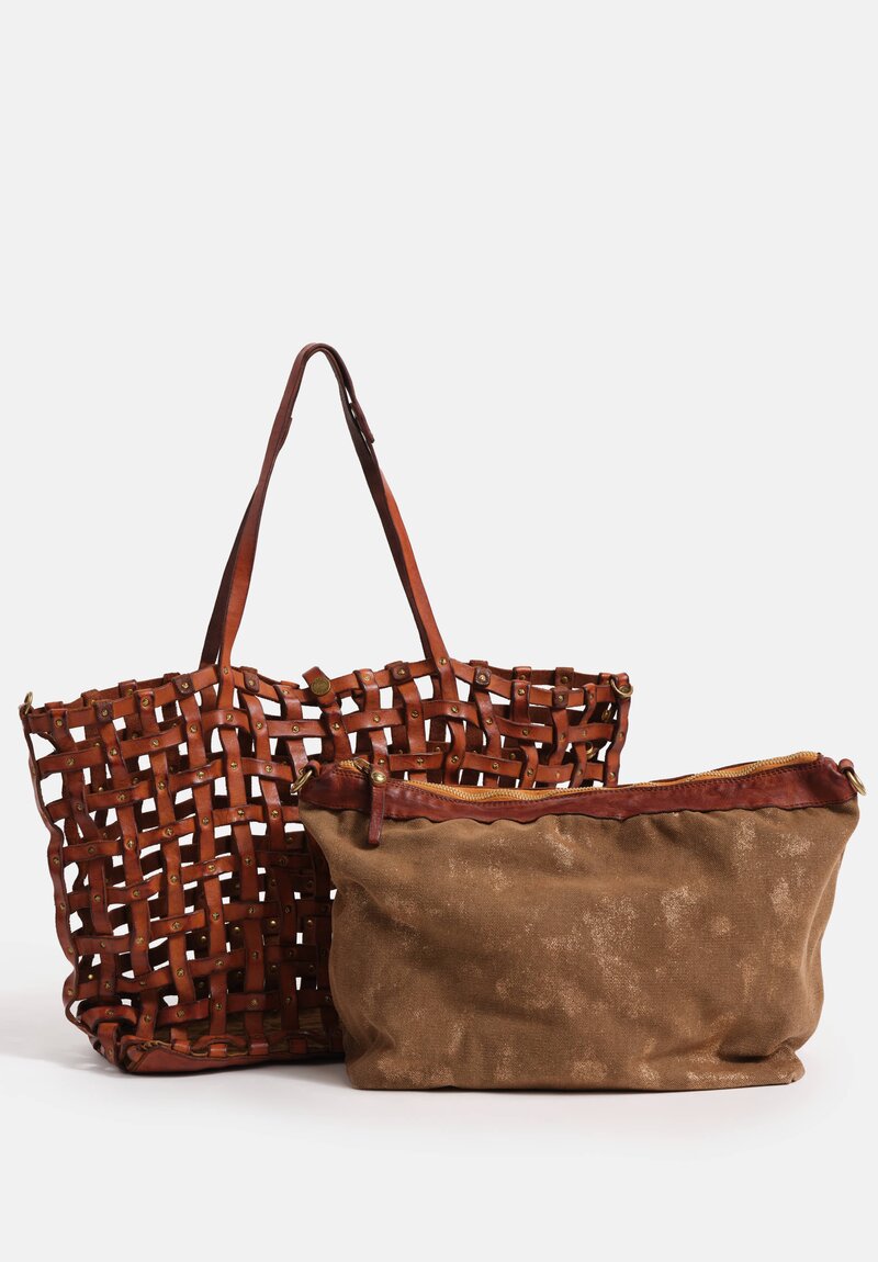 Campomaggi Laminated Cotton & Leather Valerie Shopping Bag Cognac Brown