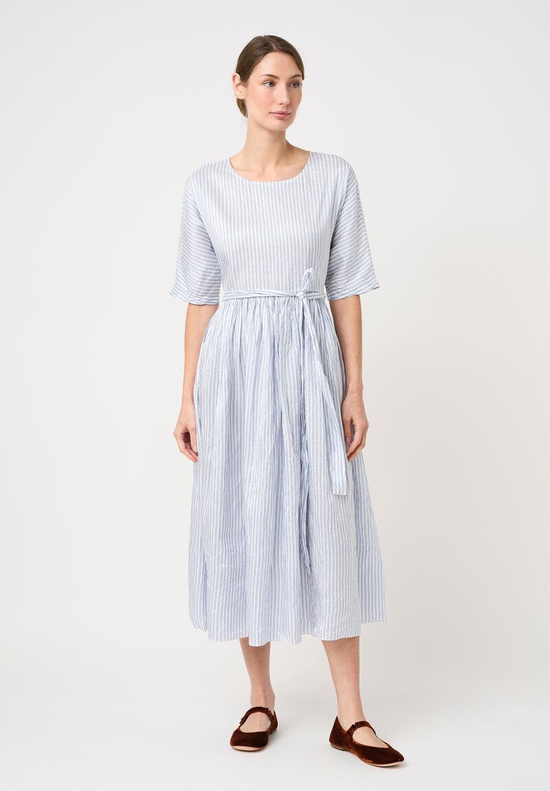 Christian Peau Silk Short Sleeve Dress in Blue & White Stripes