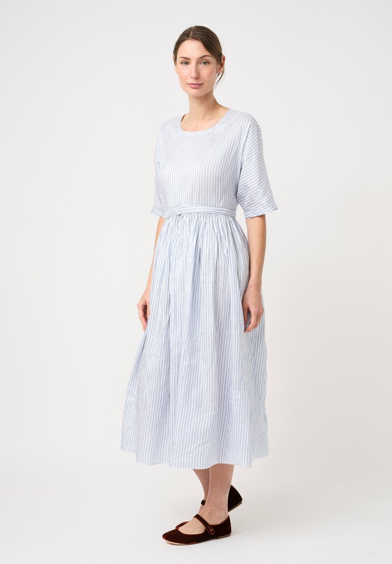 Christian Peau Silk Short Sleeve Dress in Blue & White Stripes
