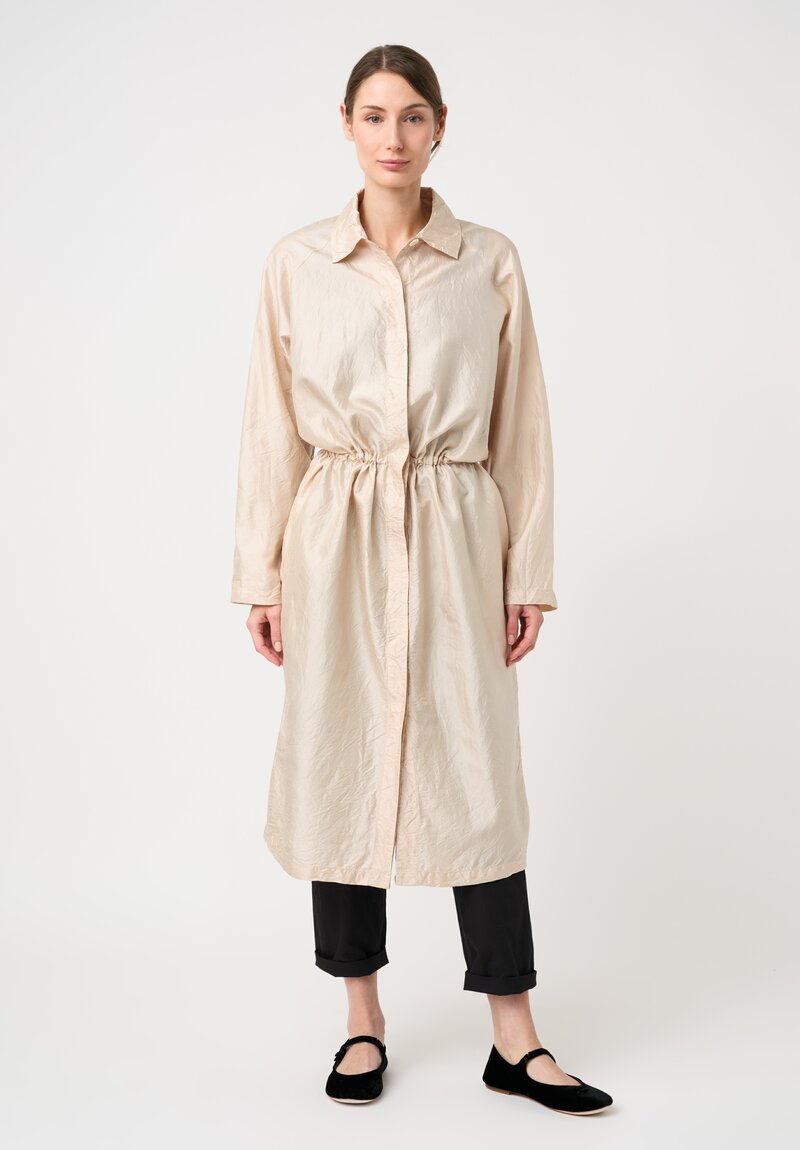 Christian Peau Silk Concealed Button-Down Drawstring Duster Coat in Beige Natural