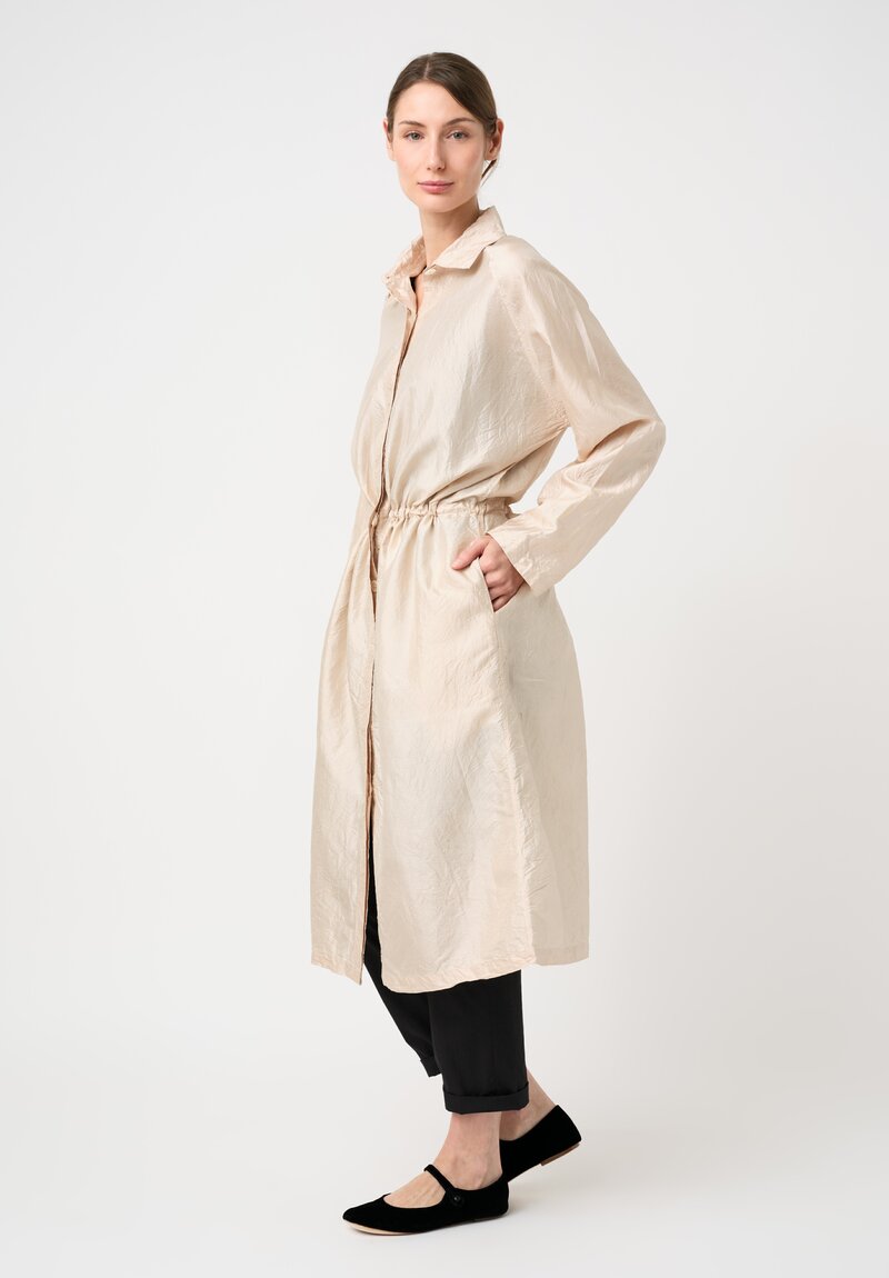Christian Peau Silk Concealed Button-Down Drawstring Duster Coat in Beige Natural