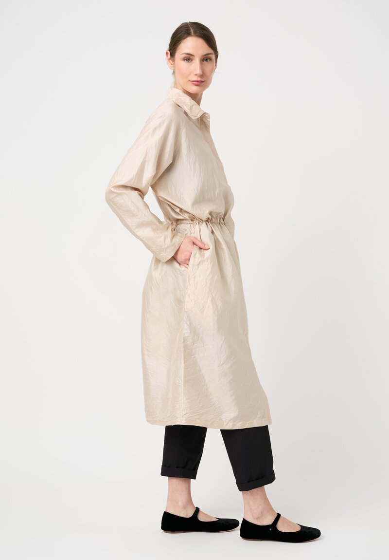 Christian Peau Silk Concealed Button-Down Drawstring Duster Coat in Beige Natural
