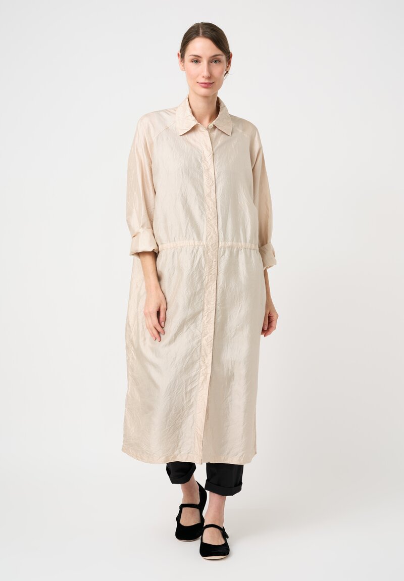 Christian Peau Silk Concealed Button-Down Drawstring Duster Coat in Beige Natural