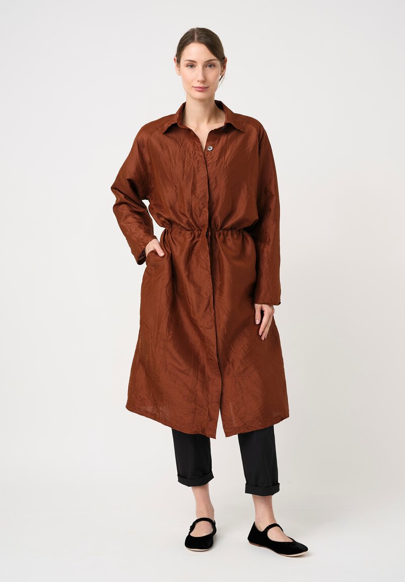 Christian Peau Silk Concealed Button-Down Pleated Dress in Terracotta Brown
