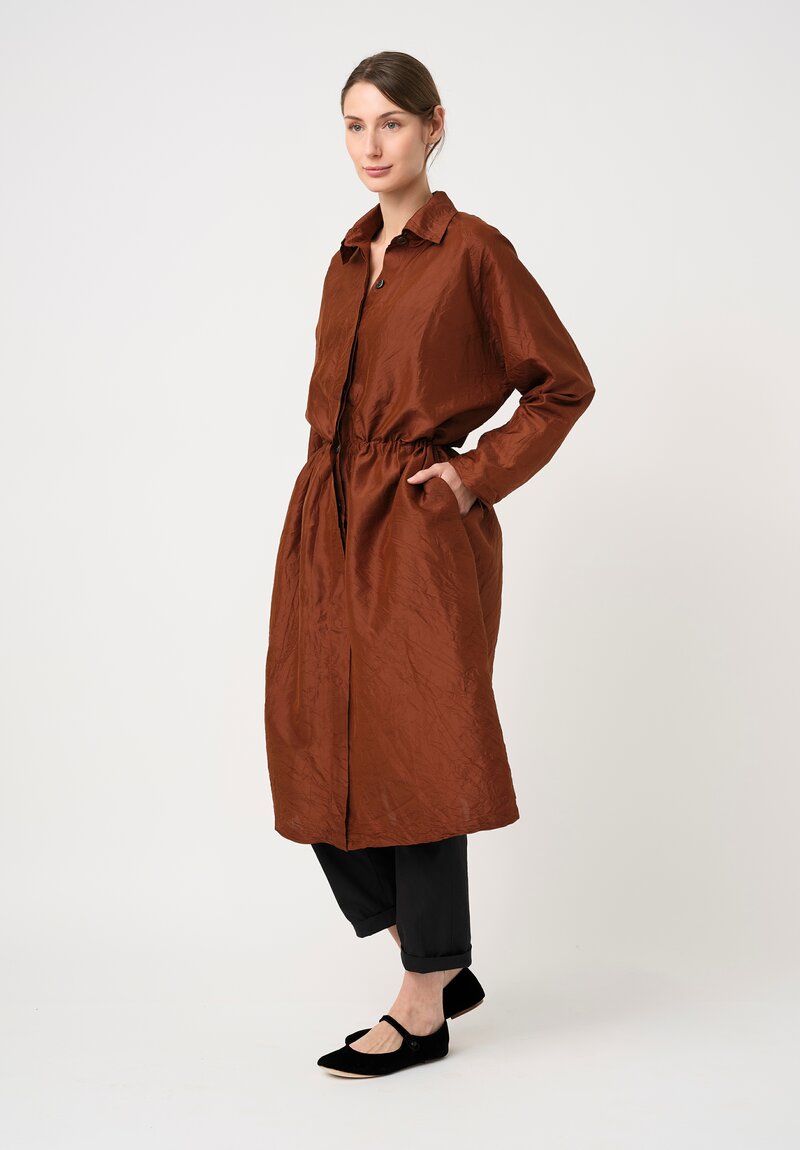 Christian Peau Silk Concealed Button-Down Pleated Dress in Terracotta Brown