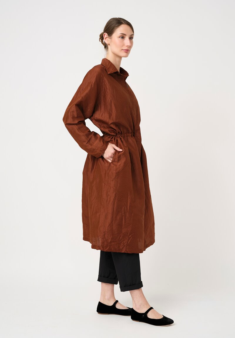 Christian Peau Silk Concealed Button-Down Pleated Dress in Terracotta Brown