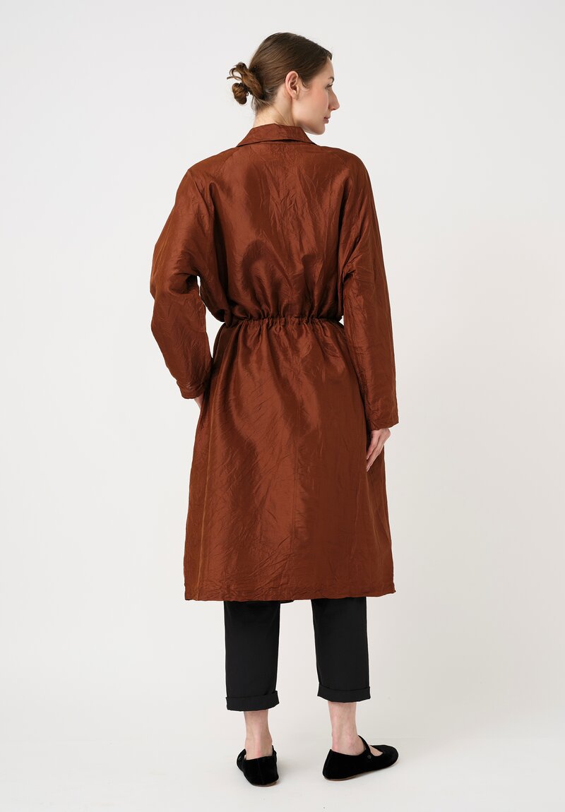 Christian Peau Silk Concealed Button-Down Pleated Dress in Terracotta Brown