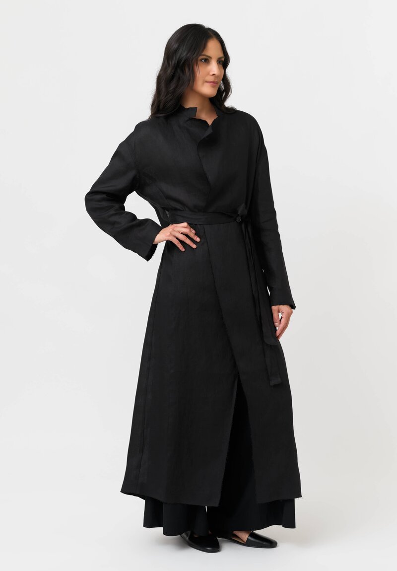 Isabel Benenato Woven Linen Raw Edge Belted Duster Coat