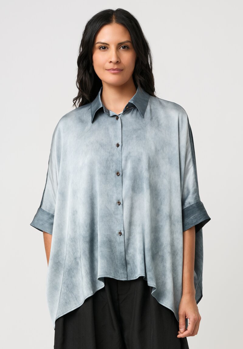 Uma Wang Silk Short Sleeve Button-Down Toto Top in Marbled Steel Blue