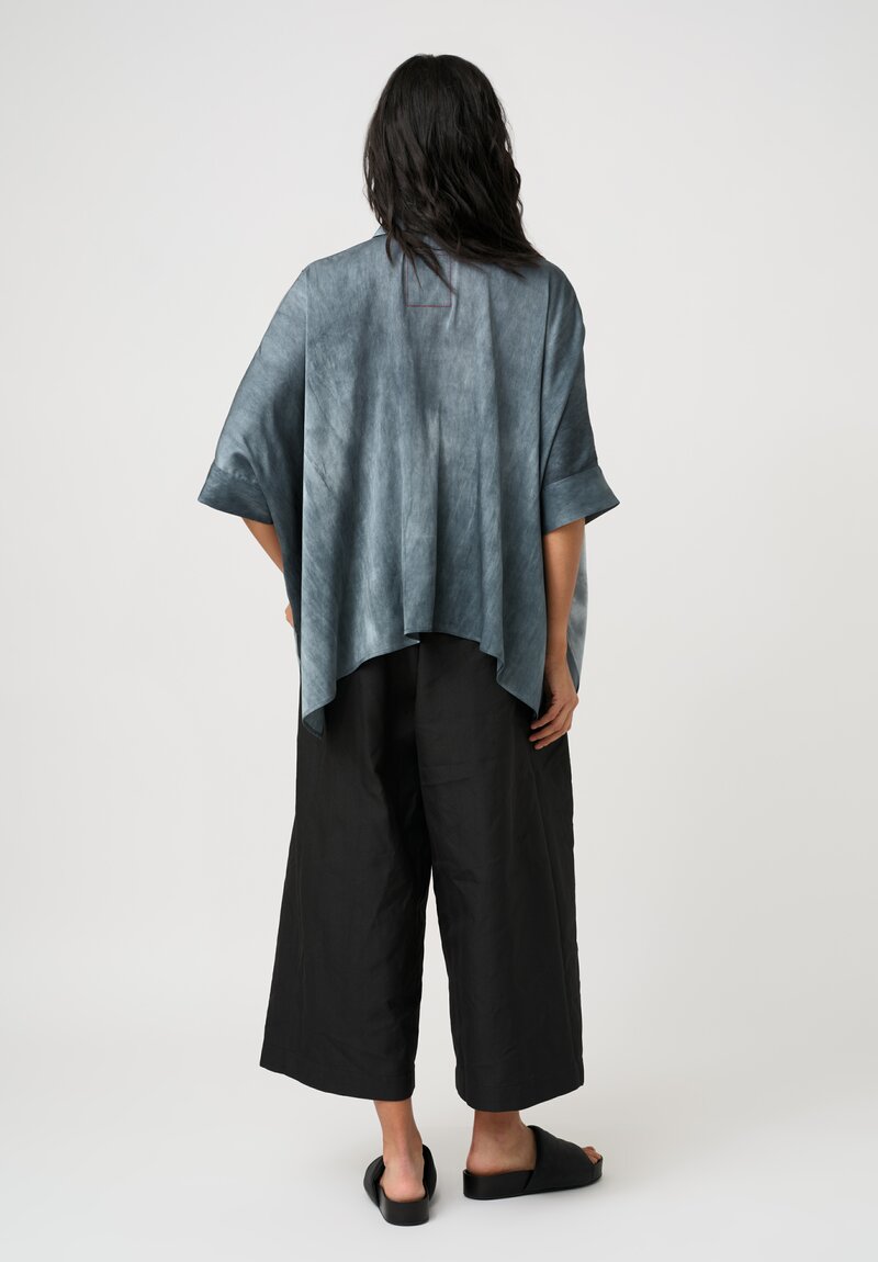 Uma Wang Silk Short Sleeve Button-Down Toto Top in Marbled Steel Blue