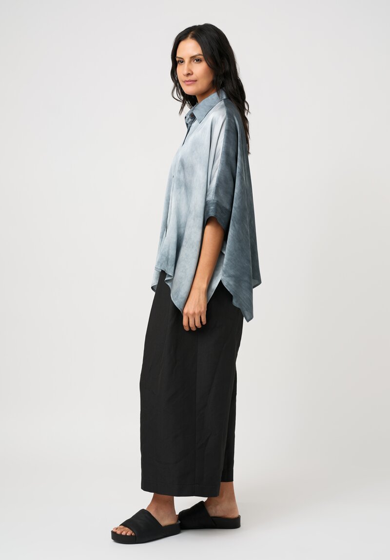 Uma Wang Silk Short Sleeve Button-Down Toto Top in Marbled Steel Blue