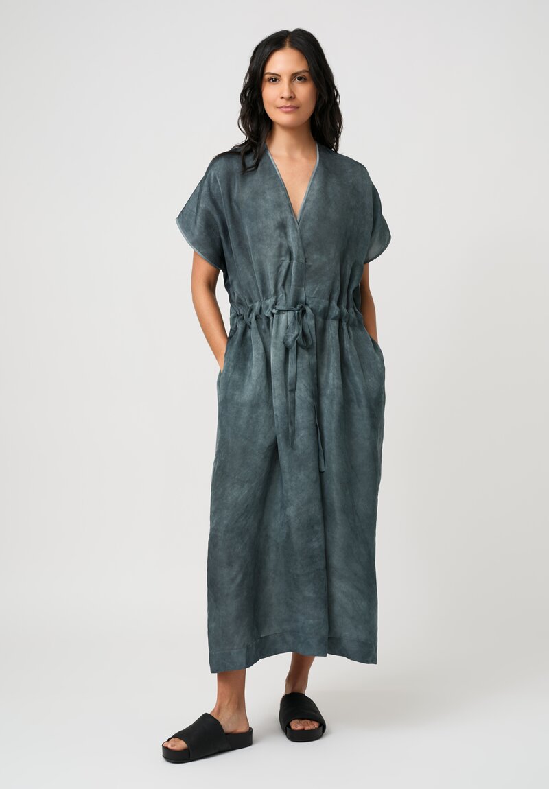 Uma Wang Satin Drawstring Waist Acre Dress in Marbled Steel Blue