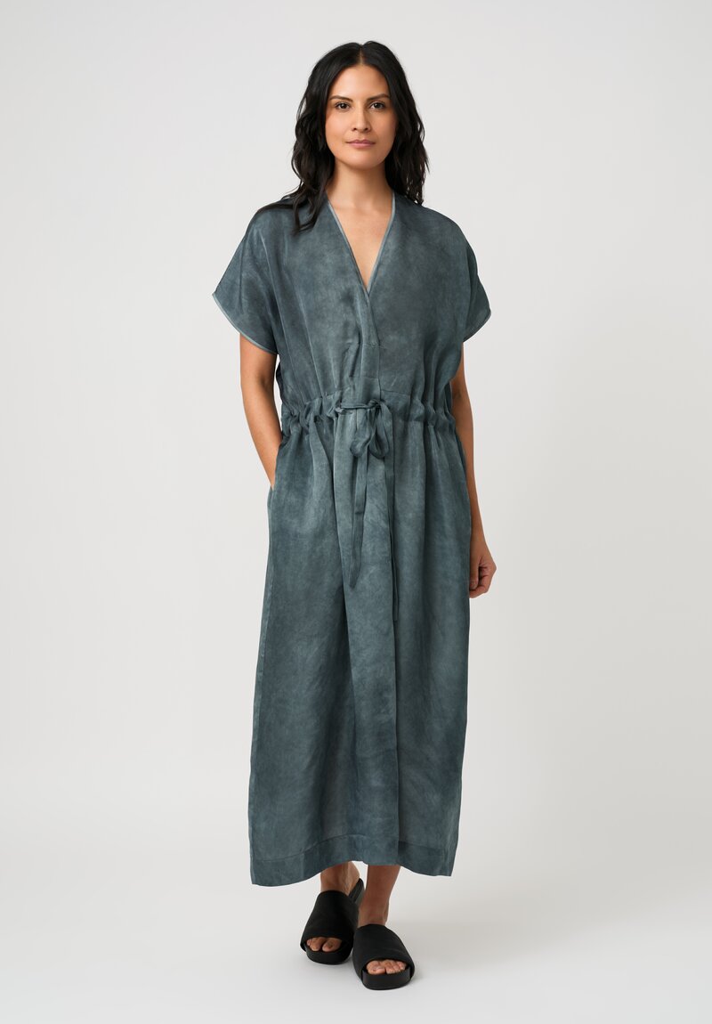 Uma Wang Satin Drawstring Waist Acre Dress in Marbled Steel Blue